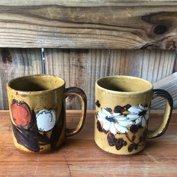 2 Vintage Brown Speckled Stoneware Mugs with Hand Painted Tulips & Daisies